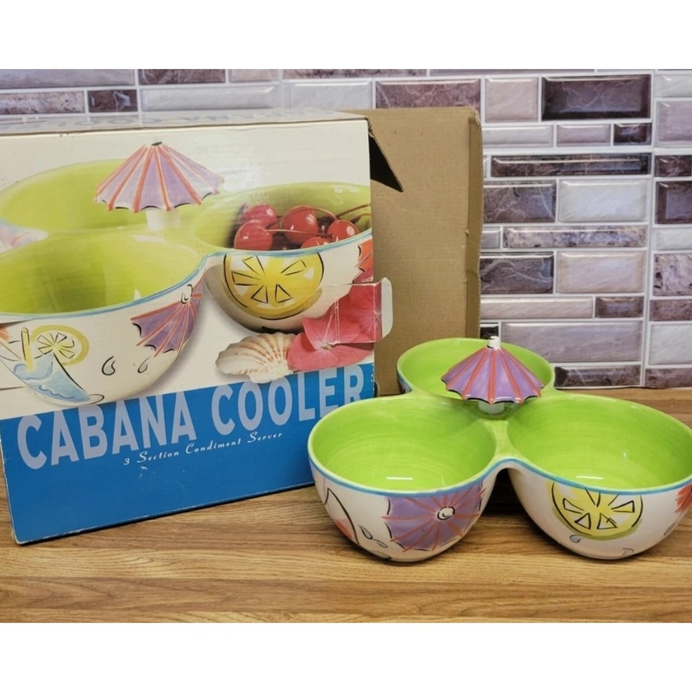 Cabana Cooler 3 Section Ceramic Condiment Server Tropical Beach Umbrella Bowl